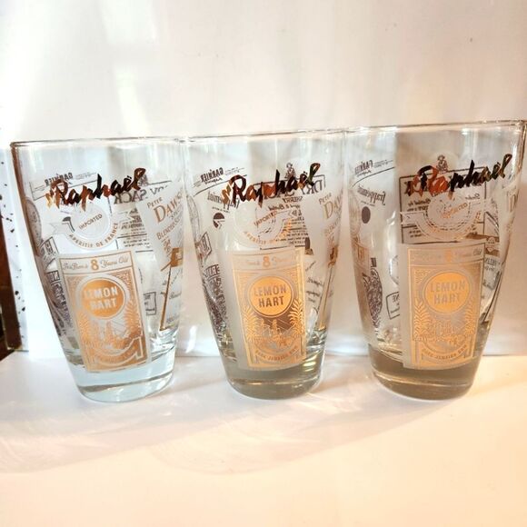 Vintage Mint '60s Set Of 3 22k Gold European Brand Graphics Drinking/Bar Glasses - Picture 1 of 6